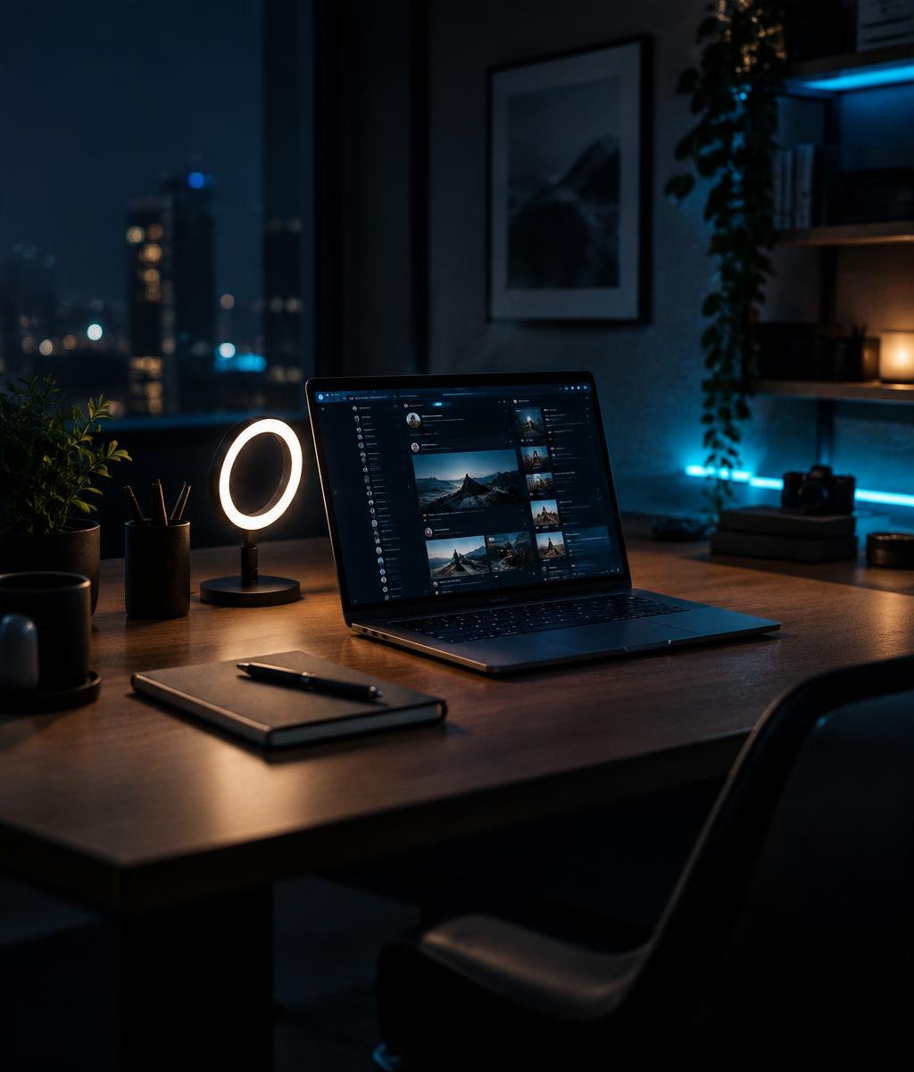 A dark creative studio desk at night with a laptop, ring light, and notebook